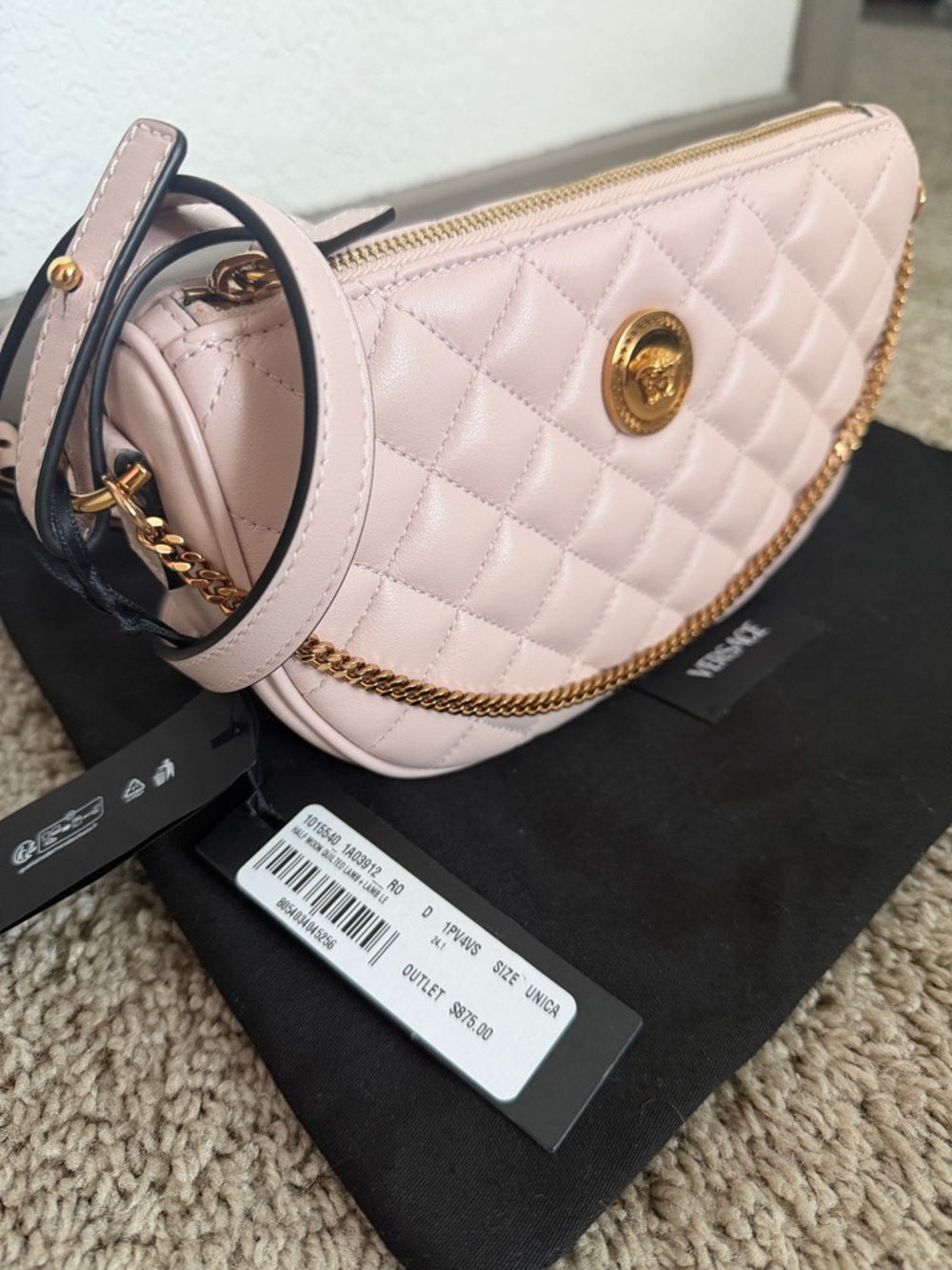 Versace Half Moon Quilted Light Pink Lamb Leather Crossbody with Medusa & Chain